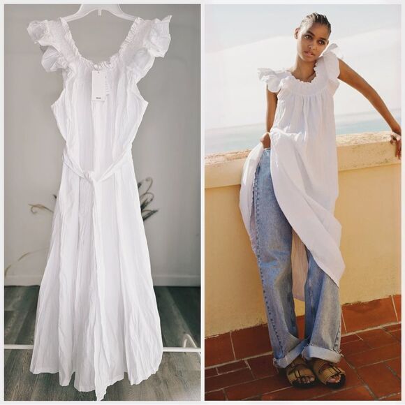 Mango Wrinkled Belted Cotton Dress White New - Picture 1 of 10